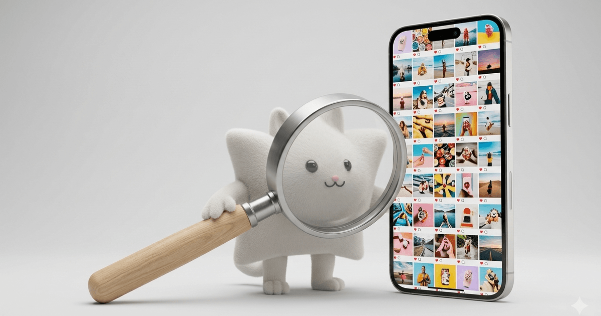 Mascotte Kayba avec une loupe devant un telephone affichant un fil Instagram