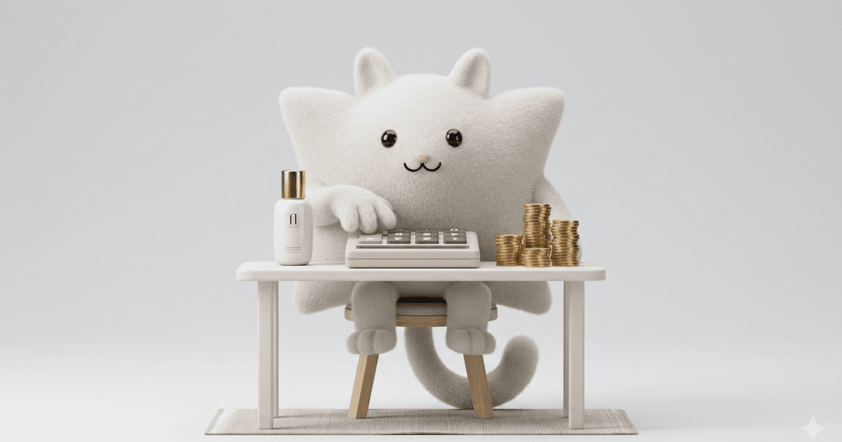Mascotte 3D en fourrure blanche avec une calculatrice et des pièces empilées devant elle