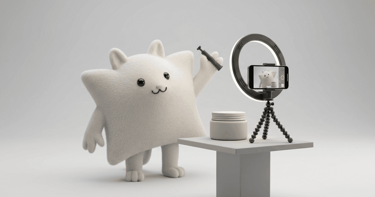 Mascotte Kayba filmant un produit avec un smartphone sur trépied et un anneau lumineux