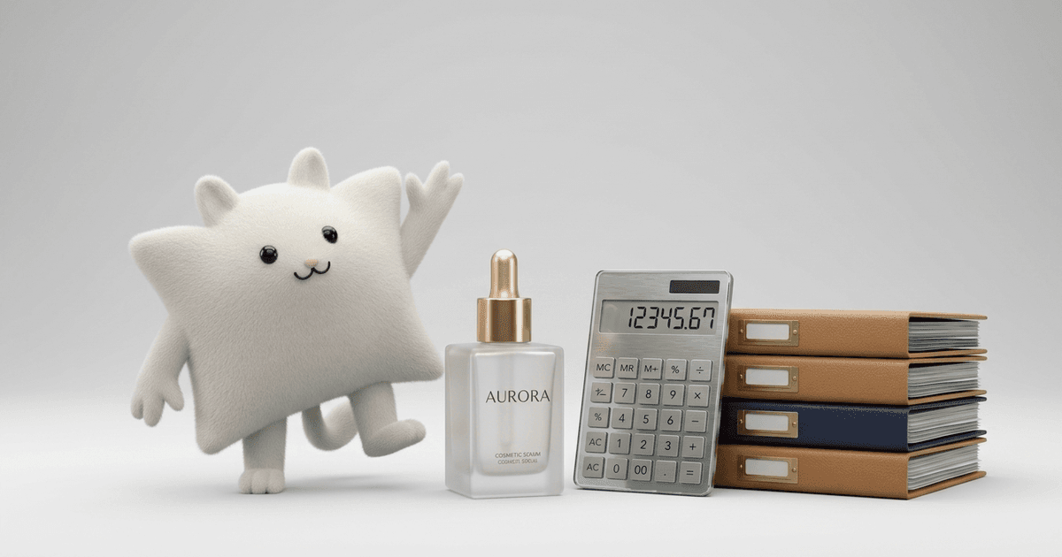 Mascotte Kayba devant un flacon de cosmétique, une calculatrice et un dossier réglementaire