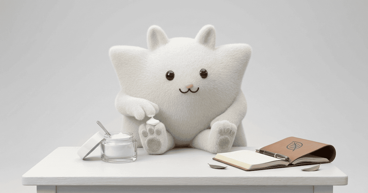 Mascotte Kayba assise à une table avec un flacon de crème, un questionnaire et un stylo