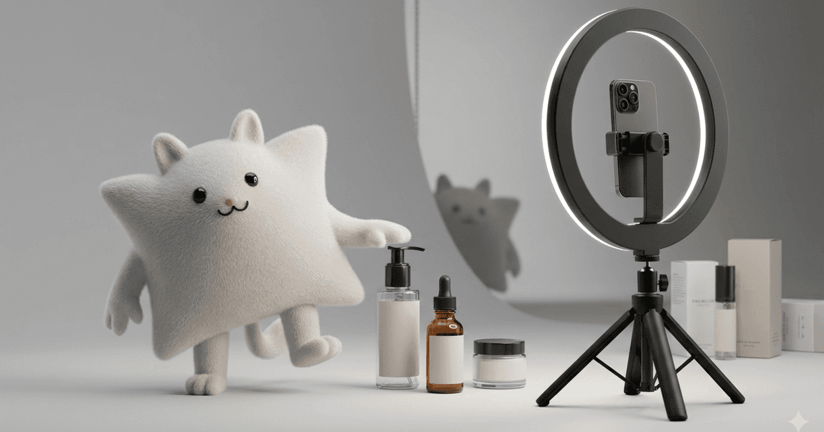 Mascotte Kayba 3D en fourrure blanche filmant une démonstration produit face à un smartphone sur trépied, avec un anneau lumineux et des flacons de cosmétique posés devant elle