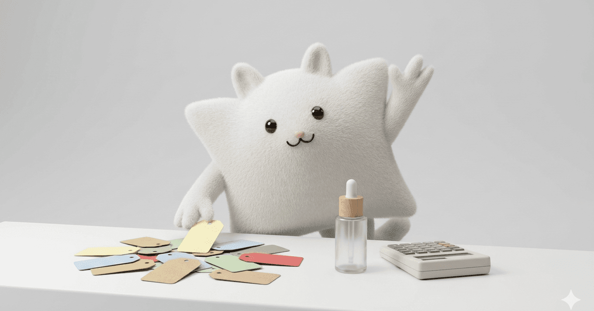 Mascotte Kayba en fourrure blanche devant un flacon de cosmétique et une calculatrice, en train de trier des étiquettes de coûts