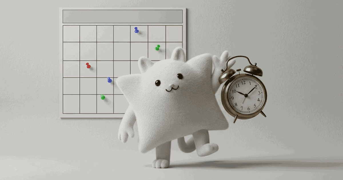 Mascotte Kayba en fourrure blanche tenant une horloge devant un planning hebdomadaire