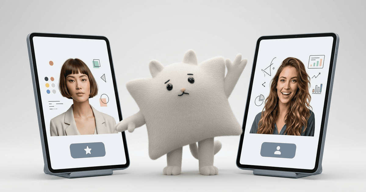 Mascotte Kayba comparant deux profils de créatrices affichés sur deux écrans de téléphone