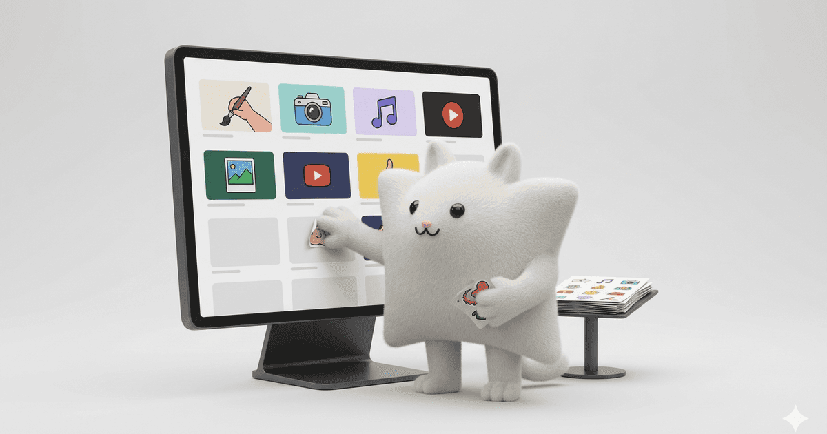Mascotte Kayba assemblant des vignettes vidéo sur un écran de portfolio