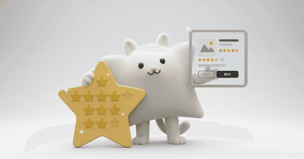 Mascotte Kayba tenant une pancarte couverte d'étoiles et de petits avis clients devant une fiche produit