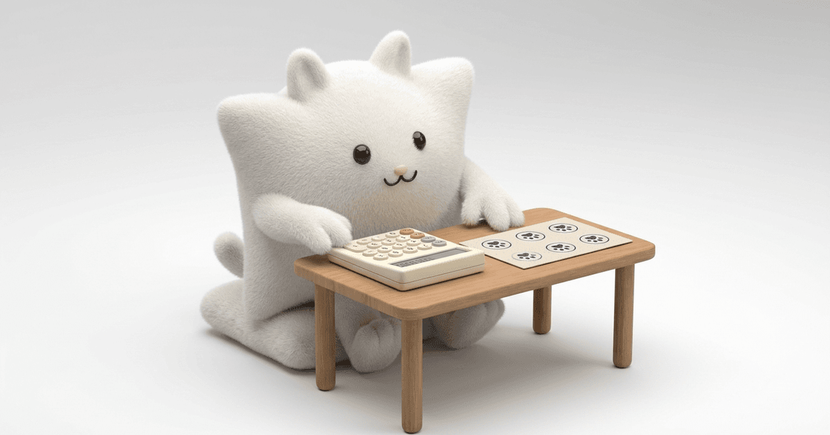 Mascotte Kayba 3D en fourrure blanche assise devant une calculatrice et une carte de fidélité tamponnée