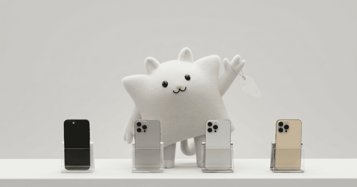 Mascotte Kayba devant quatre vitrines de smartphone alignées, une étiquette de prix à la main