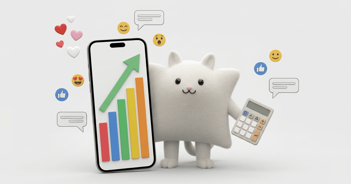 Mascotte Kayba devant un téléphone affichant des statistiques Instagram, une calculatrice à la main