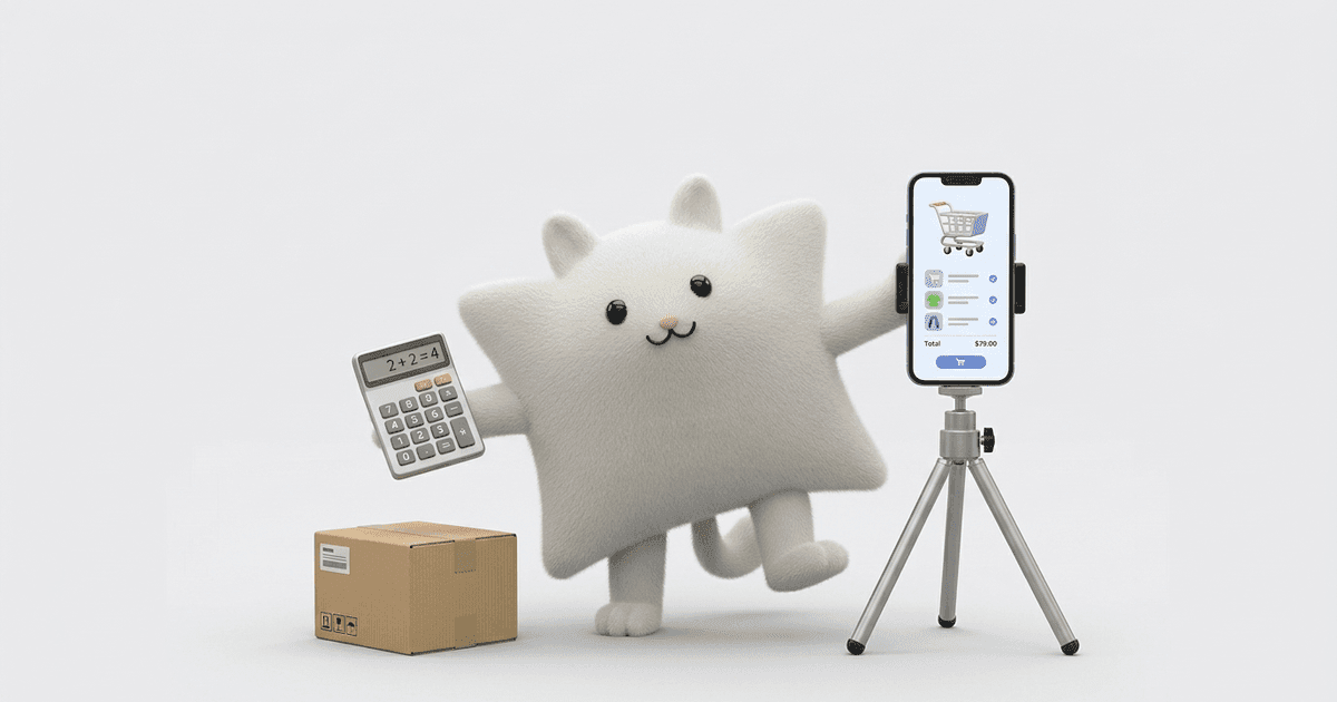 Mascotte Kayba devant un smartphone sur trépied, une calculatrice dans une main et un colis dans l'autre