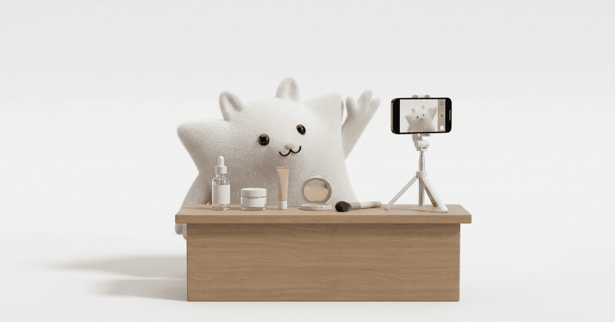 Mascotte Kayba derrière un comptoir de vente, un smartphone sur trépied affichant une vitrine de produits