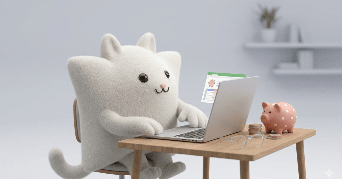 Mascotte Kayba assise devant un ordinateur portable, une tirelire et quelques pièces posées à côté