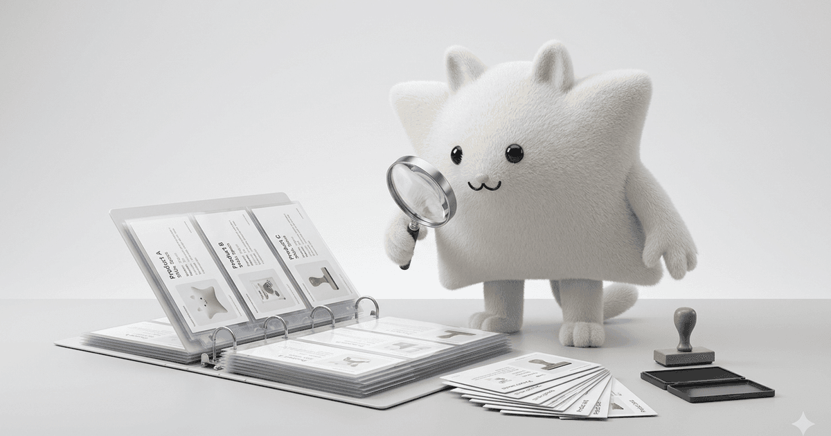 Mascotte Kayba assise devant un classeur ouvert et une pile de fiches produit, avec une loupe et un tampon