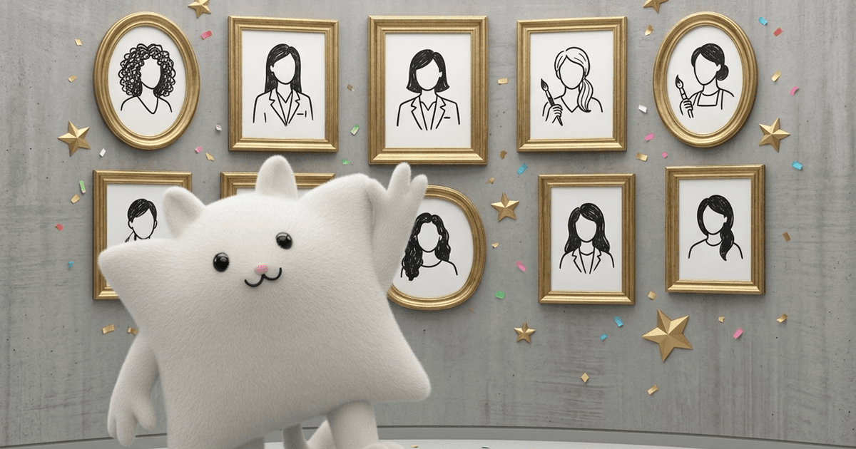 Mascotte 3D blanche en forme d'étoile présentant un tableau de dix portraits d'ambassadrices récompensées