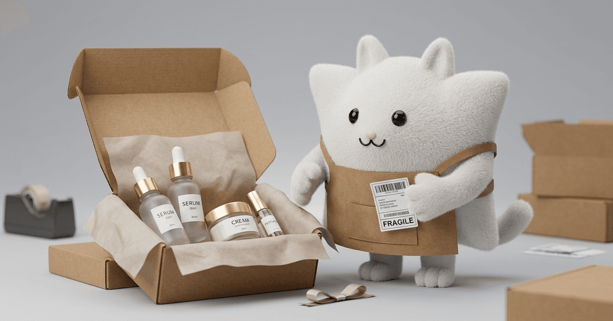 Mascotte Kayba préparant un colis de produits avec une étiquette d'expédition