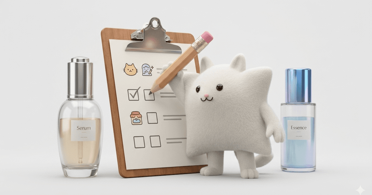 Mascotte Kayba avec un questionnaire et un crayon devant un flacon de crème