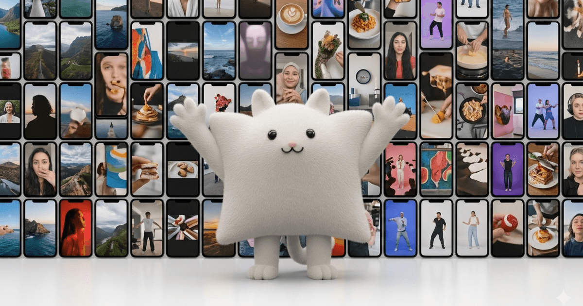 La mascotte Kayba entourée de petits écrans affichant des vidéos et photos de créatrices, façon mur de contenus